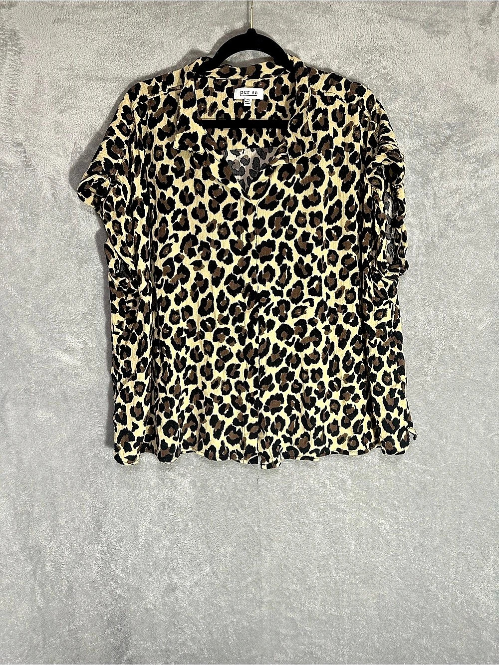per se Leopard Print Short Sleeve Blouse Brown & Black 2X